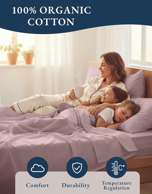 **LANE LINEN Eco-Friendly 100% Organic Cotton Full Bed Sheets | Naturally Cooling, Deep Pocket, Lilac**