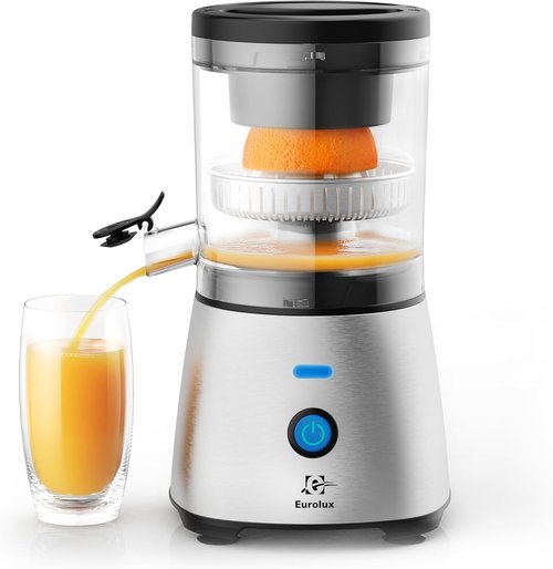 Eurolux Electric Citrus Juicer - Premium Stainless Steel One-Touch Squeezer for Oranges, Lemons & Limes | Quiet & Easy to Clean Kitchen Appliance
