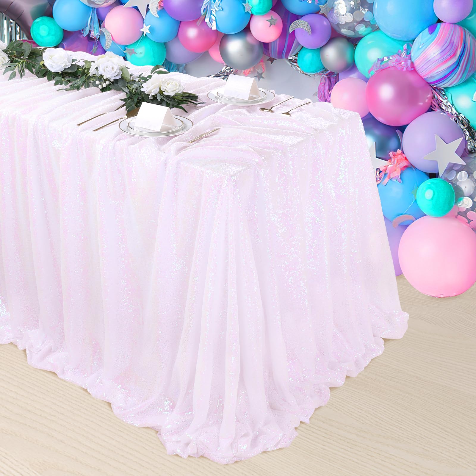 SoarDream White Iridescent Sequin Tablecloth 60x102 Inches Sparkle Table Cloth Cover for Wedding Birthday Party Dinner Cake Buffet Table Decoration