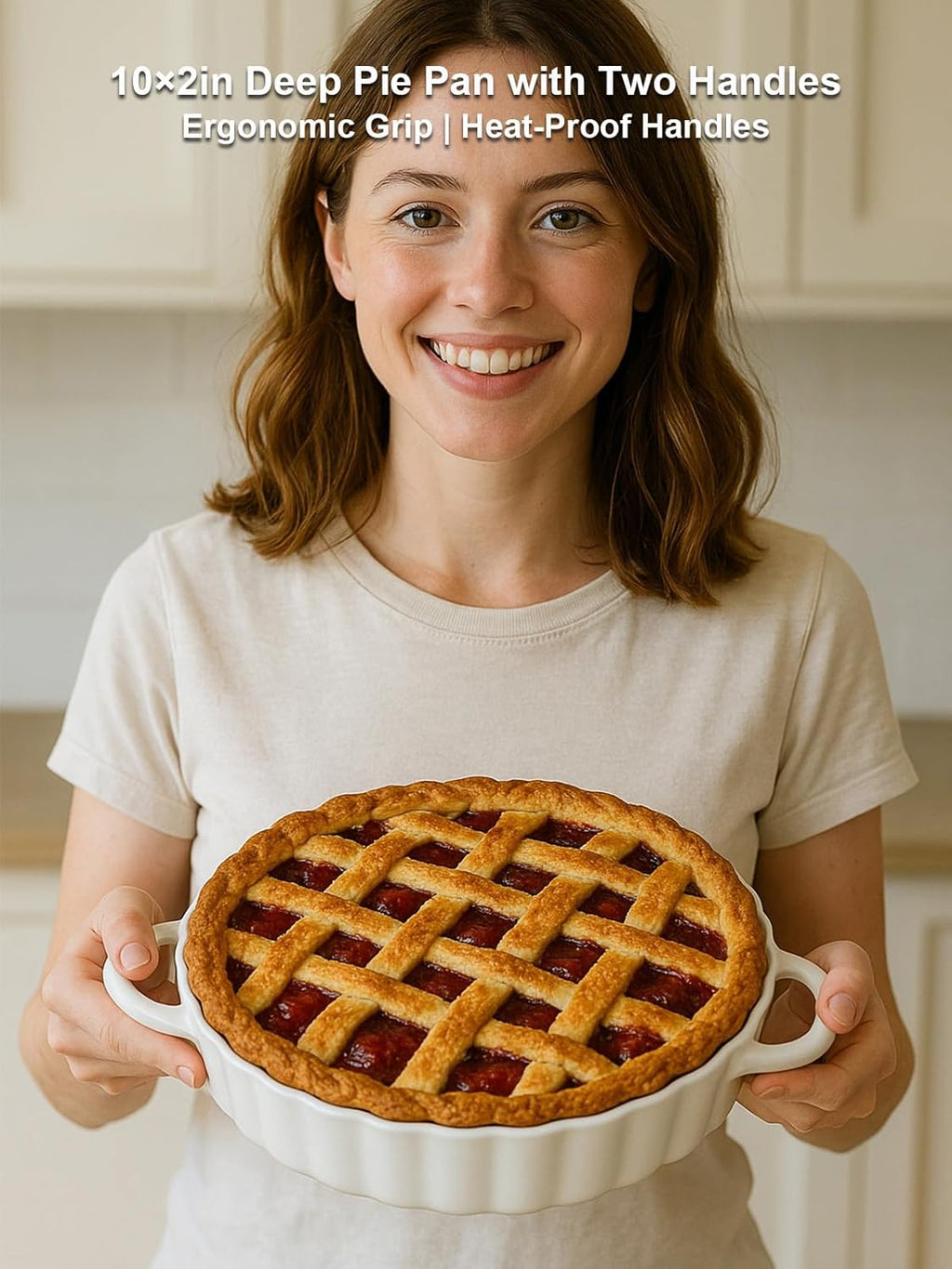Skiennix Deep Ceramic Pie Pan - 10x2 Inch with Easy Grip Handles | Lead-Free, Oven & Dishwasher Safe, Ideal for Baking Pies, Quiches, and Casseroles