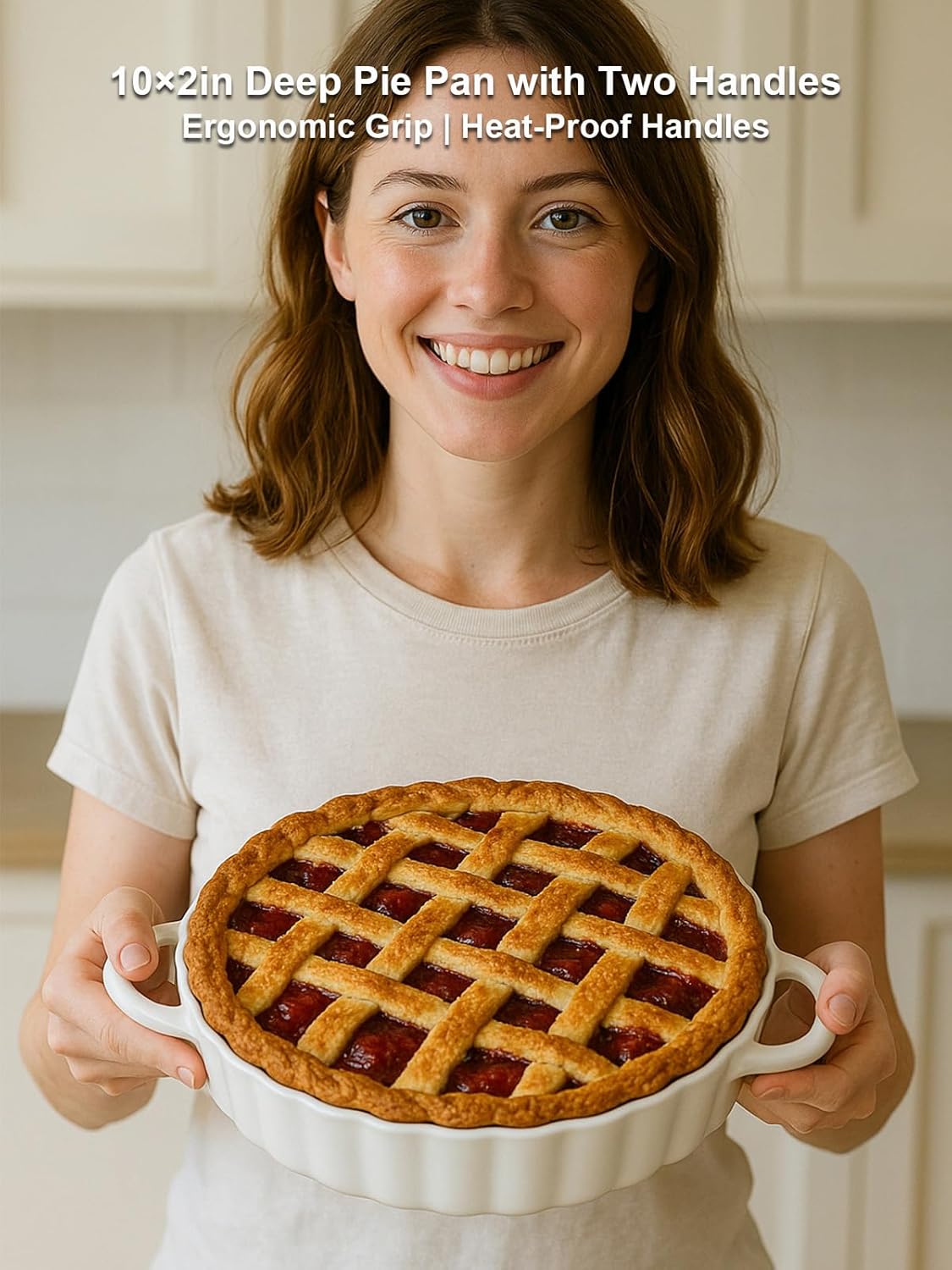 Skiennix Deep Ceramic Pie Pan - 10x2 Inch with Easy Grip Handles | Lead-Free, Oven & Dishwasher Safe, Ideal for Baking Pies, Quiches, and Casseroles