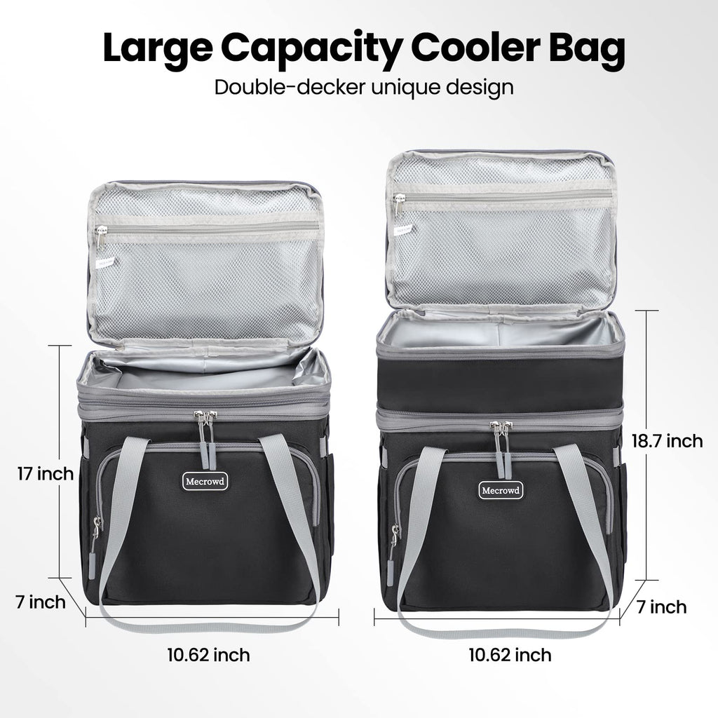 Mecrowd Lunch Bag for Women Men Cooler Bag Double Deck Lunch Box, Leakproof Insulated Soft Large Lunch Cooler Bag with Adjustable Shoulder Strap for Beach Travel Picnic (Black)