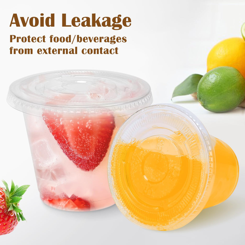 BYSNOW 100 Packs 9 oz Clear Plastic Cups with Flat Lids, Disposable Cups with Lids, Plastic Dessert Cups for Ice Cream, Cake, Snacks, Fruit, Cold Drinks, Smoothie, Pudding, Salad