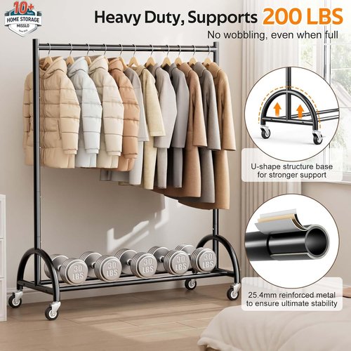 MISSLO Heavy Duty Clothing Rack - Rolling Garment Rack with Wheels for Coats & Dresses - Black