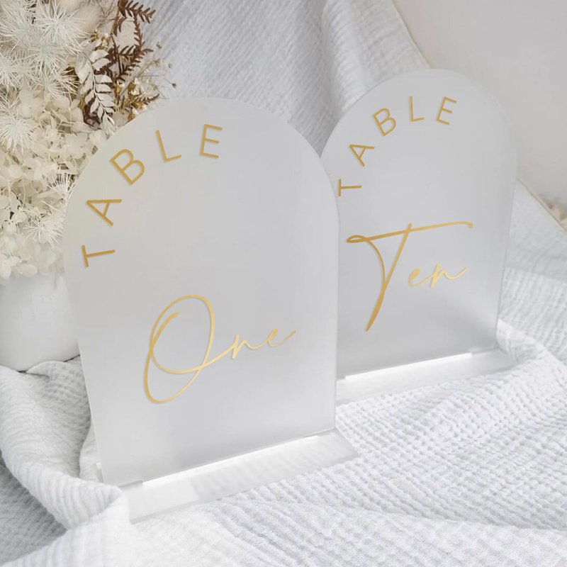 JINMURY Frosted Arch Wedding Table Numbers 1-10 with Stands, 5x7 Inch Acrylic Arch Sign with Golden Lettering, Frosted and Gold Table Numbers for Wedding Reception