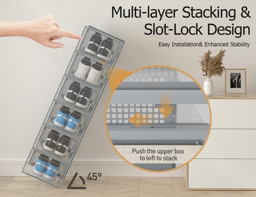 Kuject Shoe Storage Boxes - XX-Large Clear Plastic Organizers | Stackable 12 Pack for Closet & Under Bed, Grey