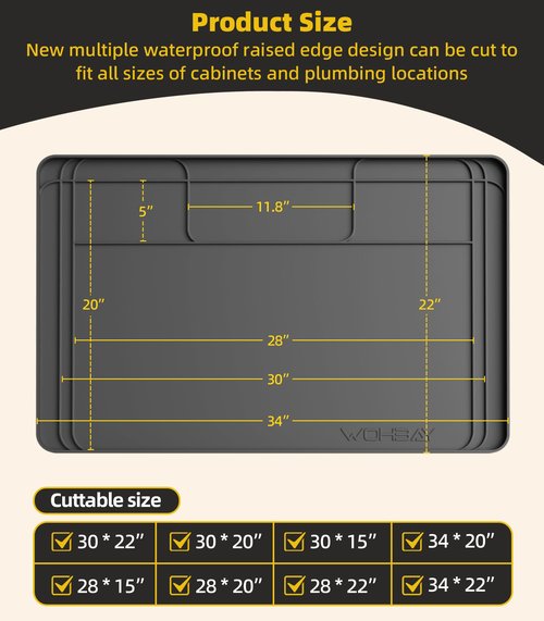 Under Sink Mats for Kitchen Waterproof, 34" X 22" Or Smaller Cut to Fit Under Sink Drip Tray for Kitchen Bathroom Cabinets, Silicone Liner Hold Up to 3.3 Gallons Liquid - Grey