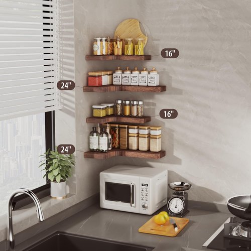 SAUMONIERES Corner Floating Shelves Wall Mount Shelf Solid Wood for Bedroom Bathroom Room Kitchen Storage Set of 3, Rustic Brown, Invisible Brackets