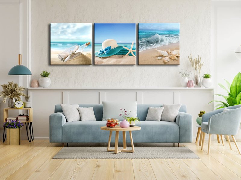 Pyradecor 3 Piece Starfish Seashell Bottle Beach Pictures Paintings on Canvas Prints Wall Art Work for Living Room Home Office Decorations Large Modern Gallery Wrapped Seascape Seaview Artwork