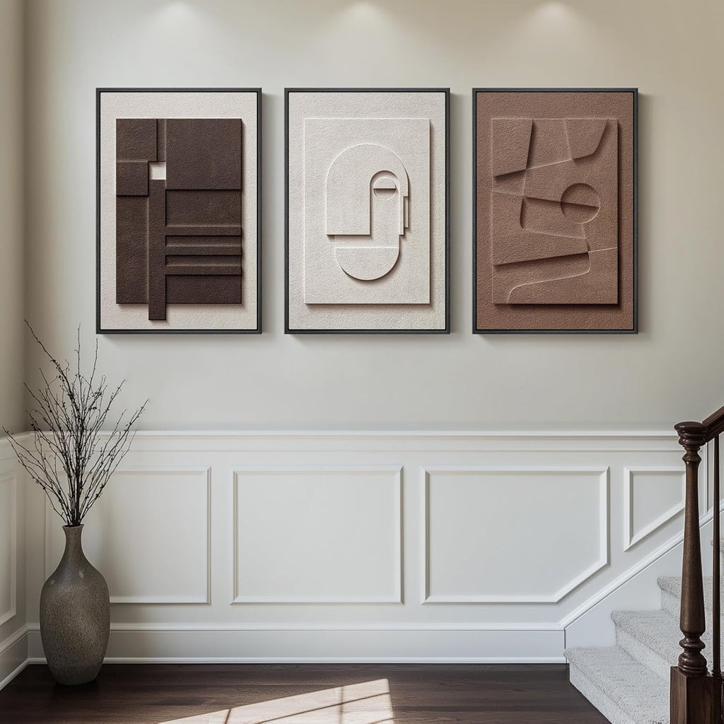 Regine Switzerland 3D Textured Framed Wall Art - Modern Neutral Abstract Design | 20x30 In, 3 Pieces for Living Room & Bedroom Decor