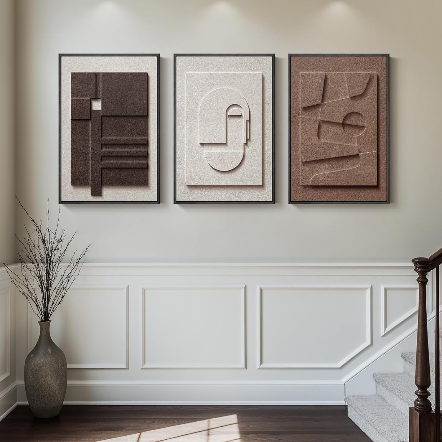 Regine Switzerland 3D Textured Framed Wall Art - Modern Neutral Abstract Design | 20x30 In, 3 Pieces for Living Room & Bedroom Decor