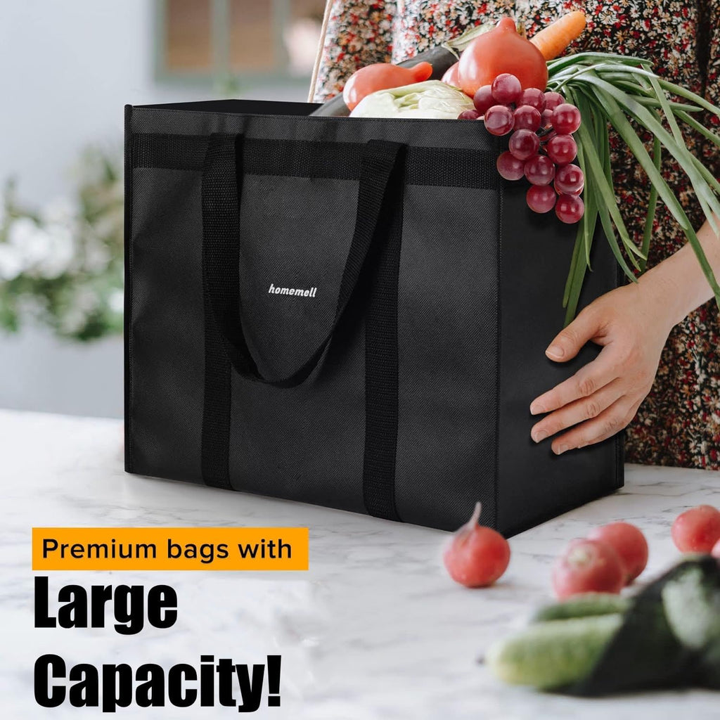 Homemell Heavy Duty Reusable Grocery Bags, Large Collapsible Tote Bag Holds 100 LBS, Extra-Strength Premium Material (Black, 6-Pack)