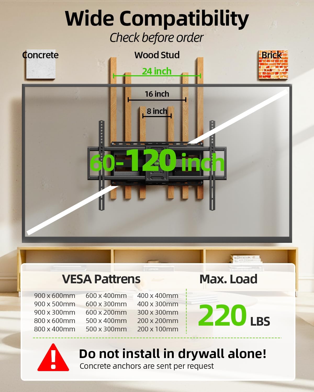 USX MOUNT Heavy Duty Full Motion TV Wall Mount - Fits 60-120 Inch TVs, Holds 220lbs, Max VESA 900x600mm