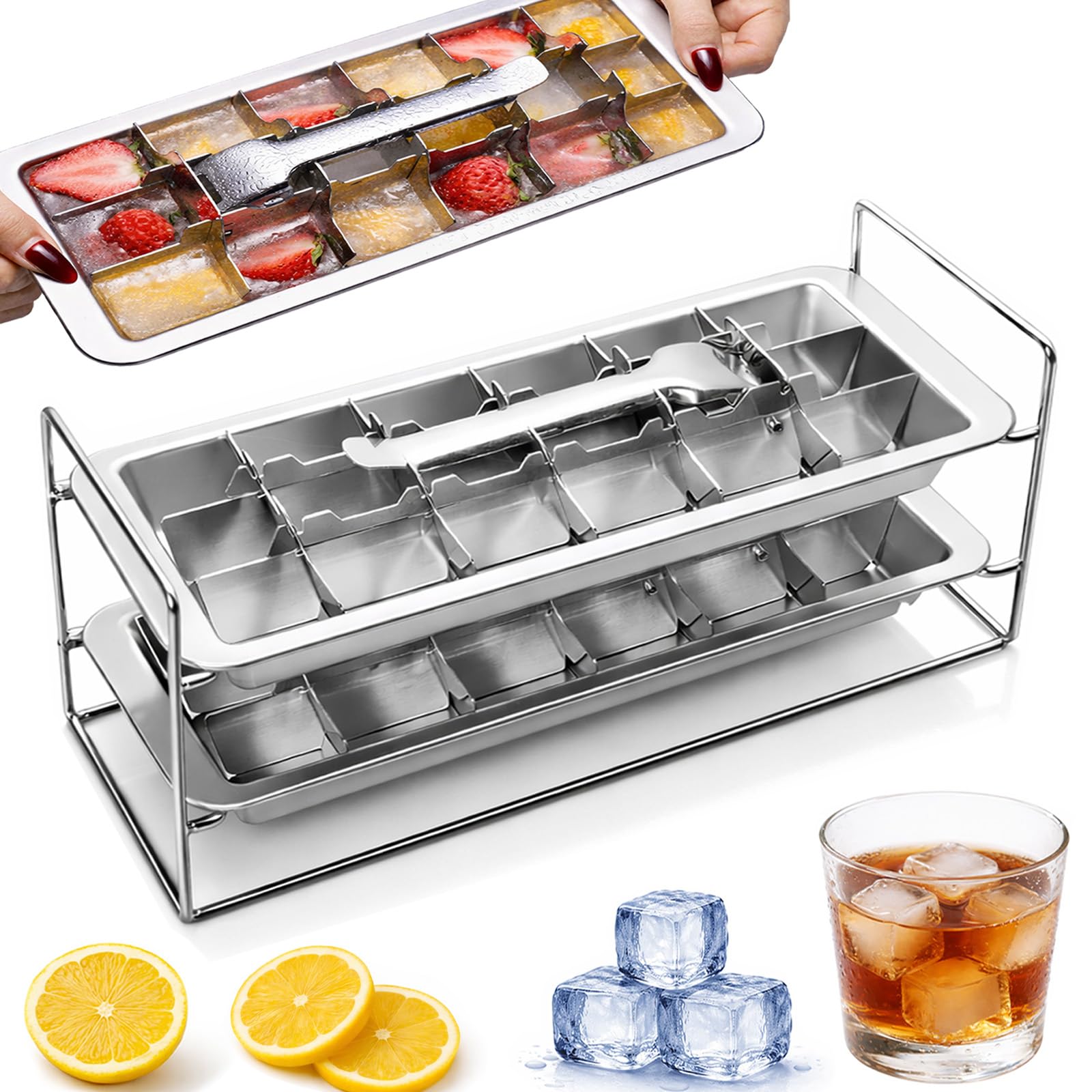 GHAHILI Stainless Steel Ice Cube Trays, Metal Ice Cube Trays for Freezer Vintage Inspired Design with Release Lever Remove Handle for Making Large Cubes Kitchen & Bar (2 pack)