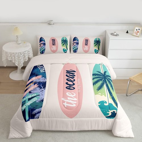 Homewish Surfboard Bedding Set Full Size Summer Sea Surfing Theme Comforter Set 3pcs for Kids Boys Girls Ocean Theme Duvet Insert Luxury Microfiber Down Comforter