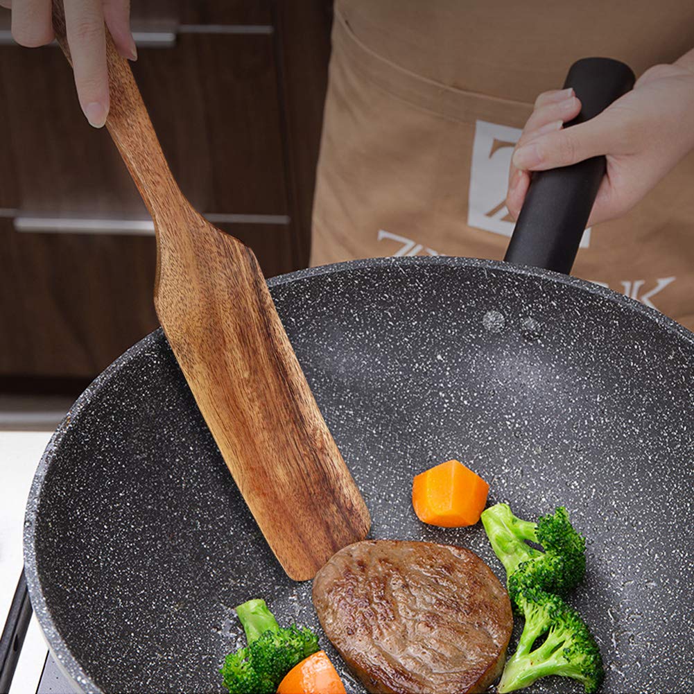 Wooden Spurtle Set As Seen On TV, AOOSY 5 Pcs Natural Acacia Wood Spatula Kitchen Tools Utensil Set Heat Resistant Non Stick Wood Cookware, Slotted Spatula for Stirring