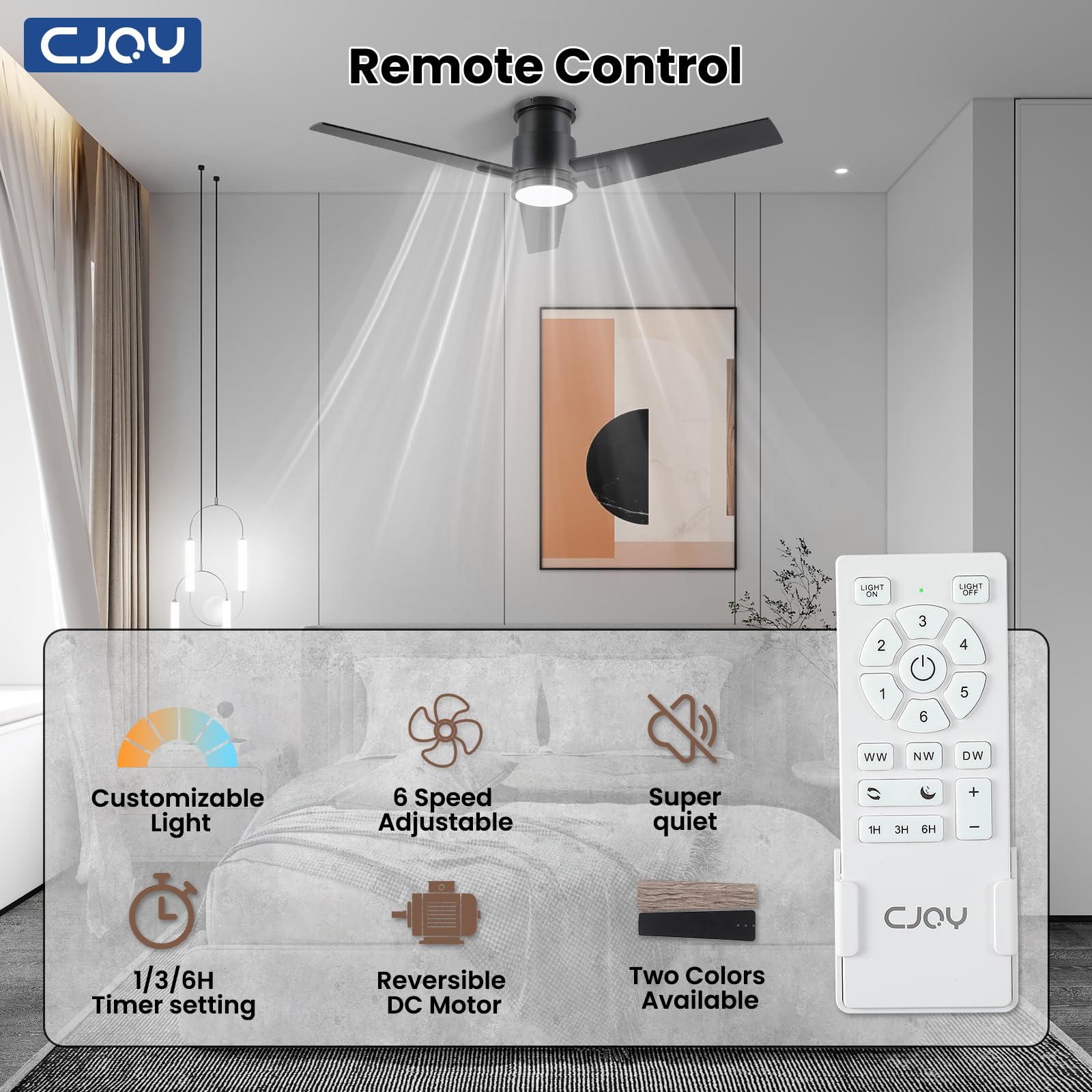 CJOY Ceiling Fan with Lights, 48 Inch Low Profile Ceiling Fans with Light and Remote, Reversible DC, Flush Mount, 3CCT，Dimmable, Modern Indoor/Outdoor Design for Bedroom, Living Room, Patio, Kitchen