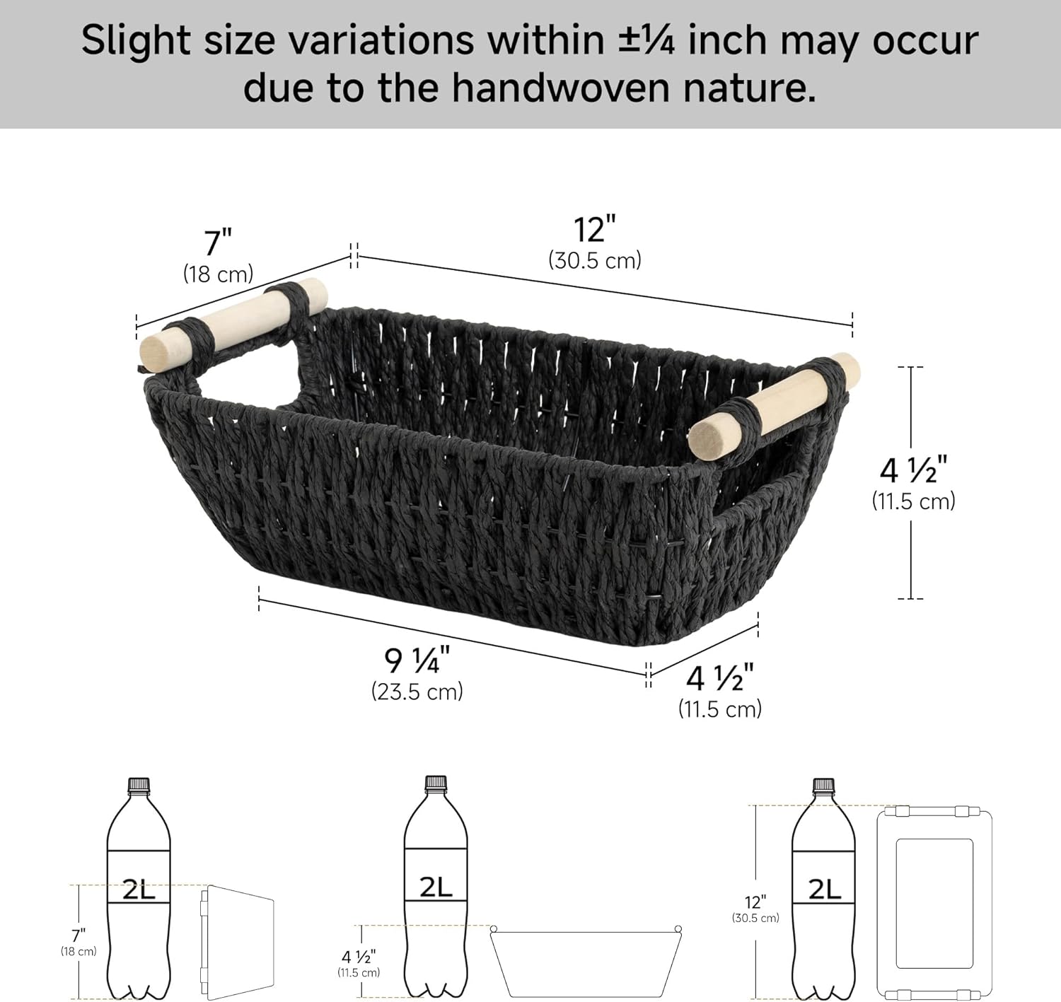 StorageWorks Wicker Storage Baskets - Small Organizing Baskets with Wooden Handles | 2-Pack, Black