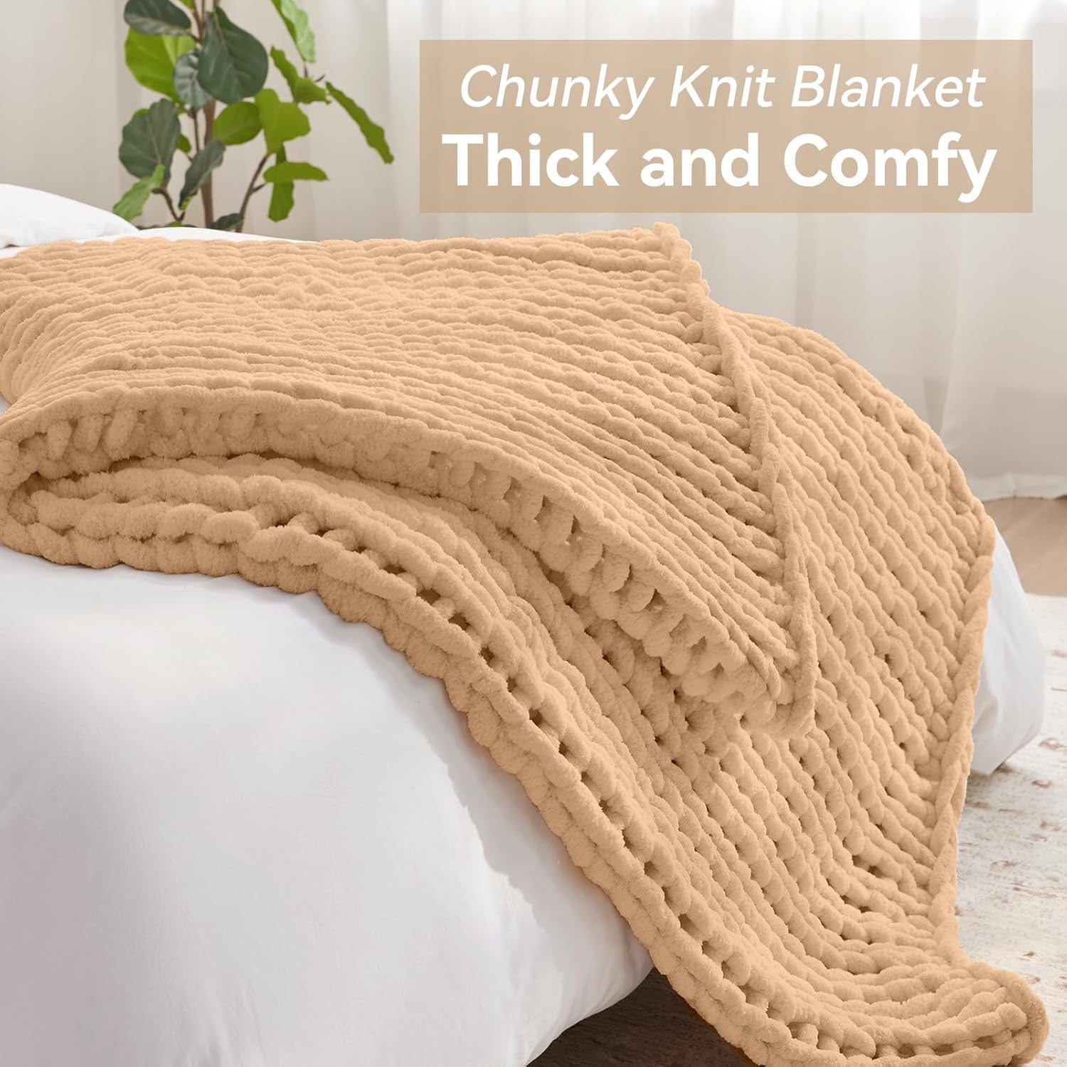 Negwoo Chunky Knit Throw Blanket - Handmade Beige Chenille Yarn | Cozy 30'' x 40'' Machine Washable Decor