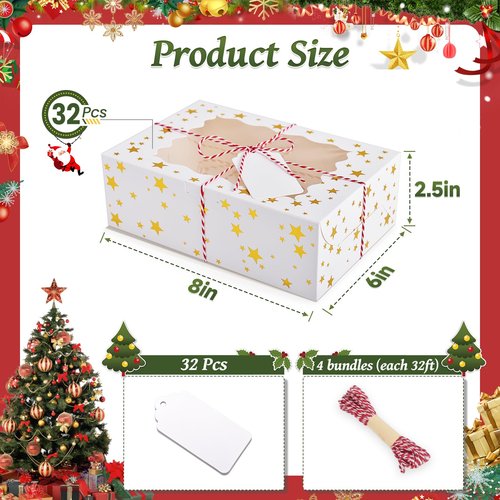 DOYIDE 32Pcs 8x6x2.5 in Christmas Cookie Boxes with Window, White Bakery Boxes for Cookie, Treat Boxes Pastry Boxes for Gift Giving, Chocolate Covered Strawberries, Dessert, Donut, Cupcakes Muffins