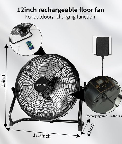 BEESTAR Rechargeable Floor Fan, 12-Speed Battery Operated, 15600mAh, 48-Hour Runtime, 360° Tilt, Metal Blade (12 INCH)
