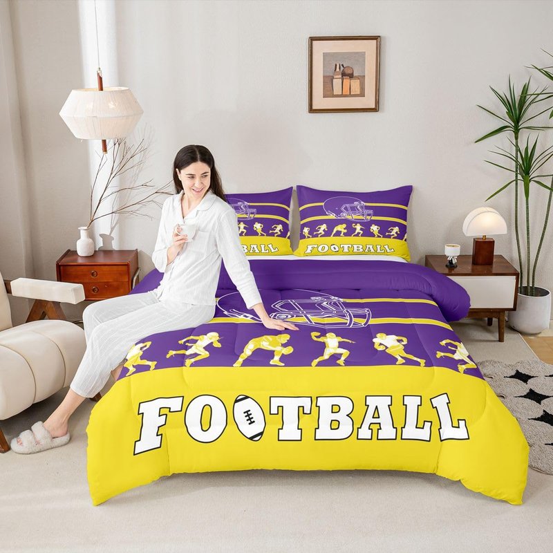 Erosebridal American Football Comforter Twin Size,Football Bedding Set for Kids Boys Girls,Purple Yellow Sports Comforter Sets,Football City Team Duvet Insert with 1 Pillowcase(Minnesota)