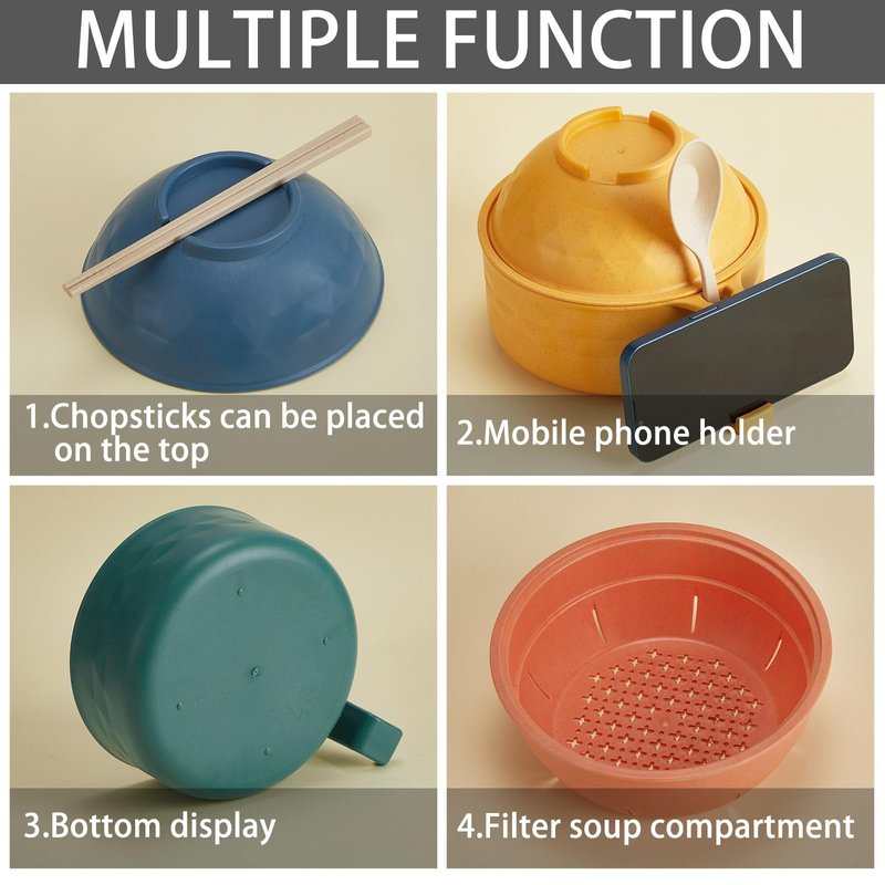 Romooa 6 Sets Microwave Ramen Bowl Set 33 oz Wheat Straw Instant Ramen Cooker Set Portable Noodle Cooker with Handle Noodle Bowl with Spoon Chopsticks Fork College Dorm Room (Elegant Colors)
