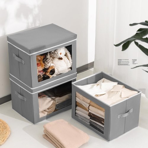 Homsorout Stackable Storage Bins - Large Fabric Organizer Baskets with Lids, 5-Pack, Grey