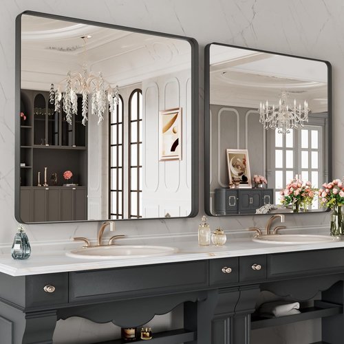 LOAAO Black Metal Framed Bathroom Mirror - 40x38 Inch Matte Black Vanity Mirror | Anti-Rust, Tempered Glass, Versatile Hanging Options