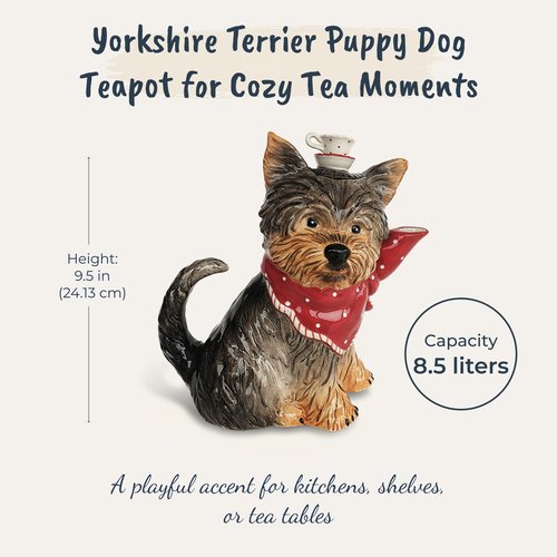 Blue Sky Clayworks Ruby Yorkshire Terrier Puppy Dog Figural Ceramic Teapot, 8.5 in Length, Yorkie Tea-Time Charm