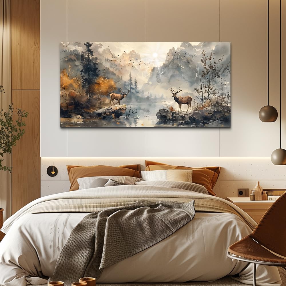 KELIYUAN Framed Canvas Wall Art Decor Living Room Large Wall Decorations For Office Mountain Landscape Ink Painting Abstract Pictures Bedroom Wall Decor Artwork Room Mural Home Decor 24x48 In
