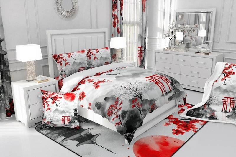Feelyou Japanese Style Comforter Set Twin Size Kids Red Cherry Blossoms Bedding Set for Boys Girls Teens Mount Fuji Torii Comforter Breathable Ink Painting Duvet Set Sunset Quilt Set