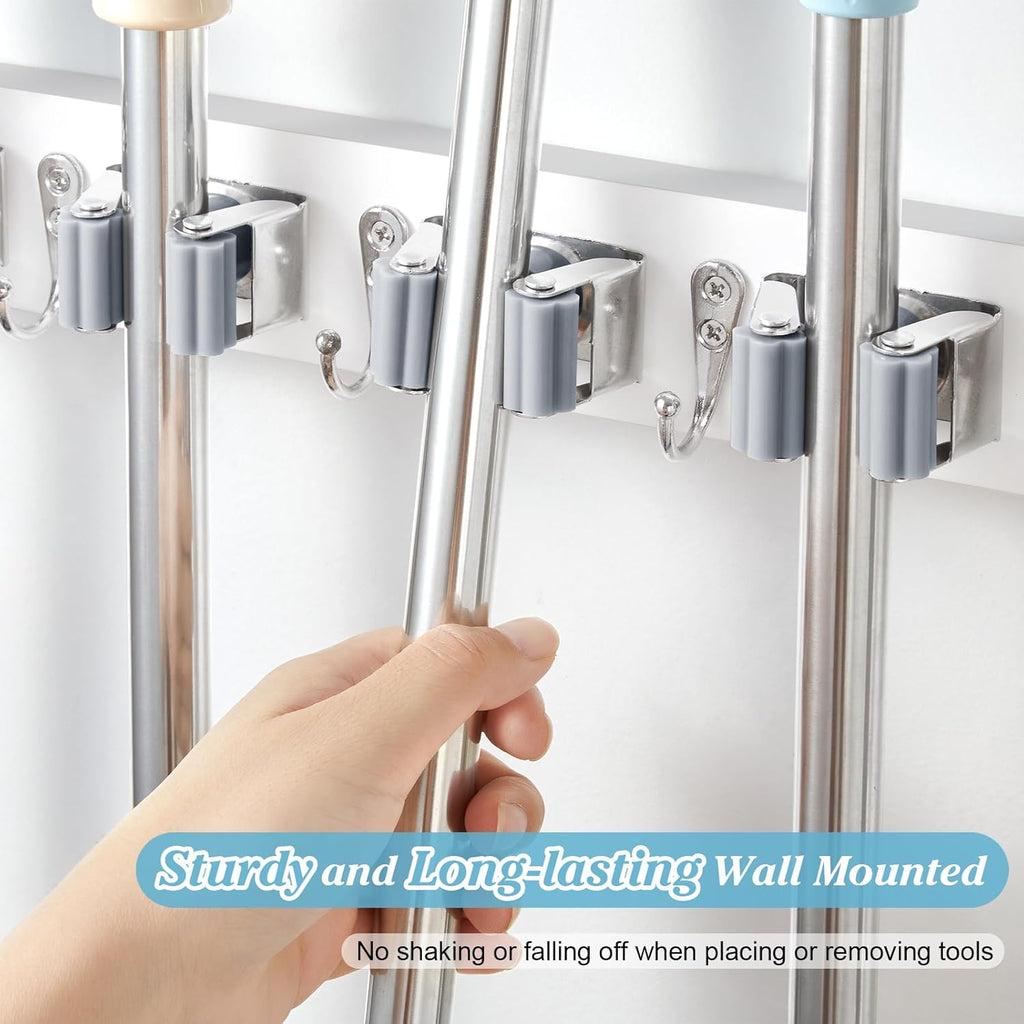 White Broom Holder Wall Mount - Heavy-Duty Wood Organizer with 5 Slots & 4 Hooks | Ideal for Laundry, Kitchen & Garage Storage