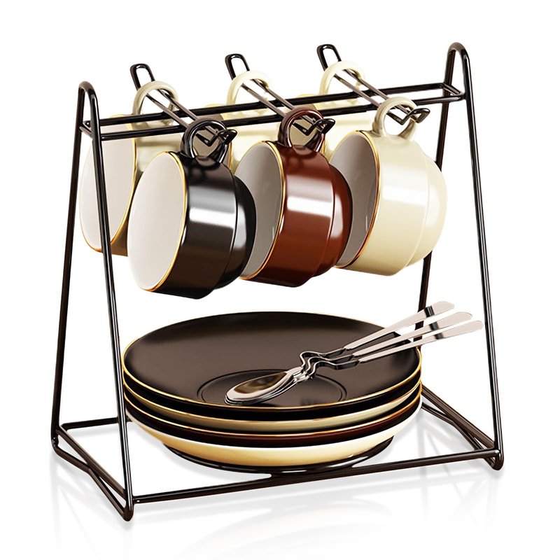 Tea Cups and Saucers Holder,Black Metal Coffee Cup Tea Cups Rack,Organizer for Coffee Cup Spoon and Saucers