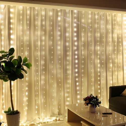HXWEIYE 300LED Fairy Curtain Lights - 9.8x9.8Ft USB Plug-In with Remote | 8 Modes Warm White Indoor Decor
