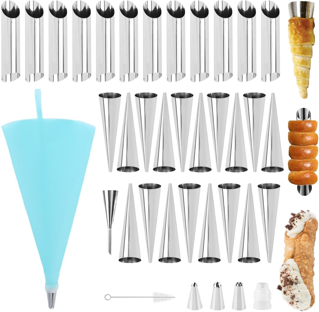 Skiennix 35-Piece Cream Horn Mold Kit - Non-Stick Stainless Steel Conical Tubes for Pastries | Silver