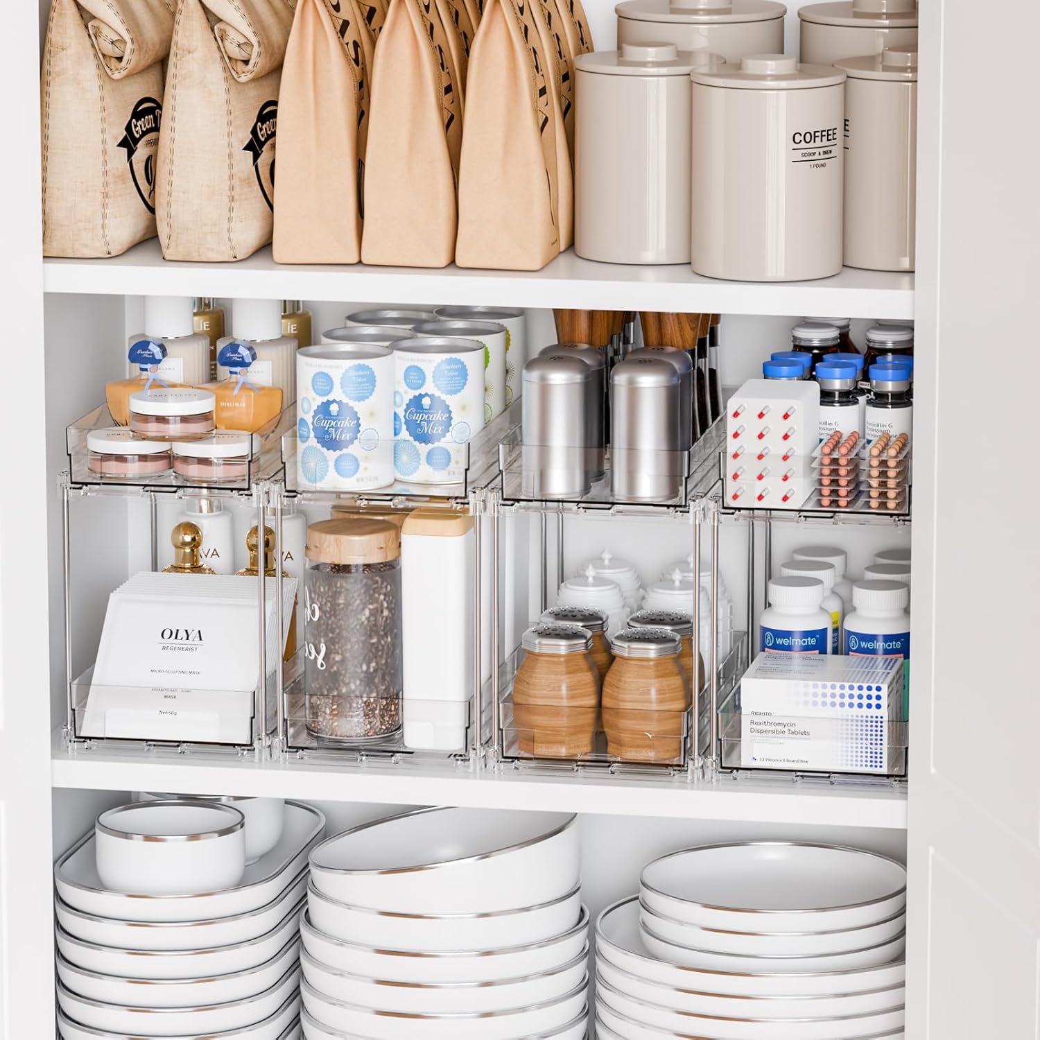 Yieach 4-Piece Bathroom Organizer Set - 2-Tier Clear Under Sink Storage & Pull-Out Drawers for Kitchen & Pantry