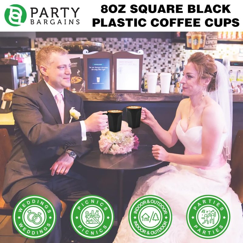 PARTY BARGAINS 8oz Disposable Plastic Coffee Cups with Handles, Ivory with Gold Band, 32 Count, Elegant Round Tea & Hot Beverage Cups for Weddings, Catering & Events