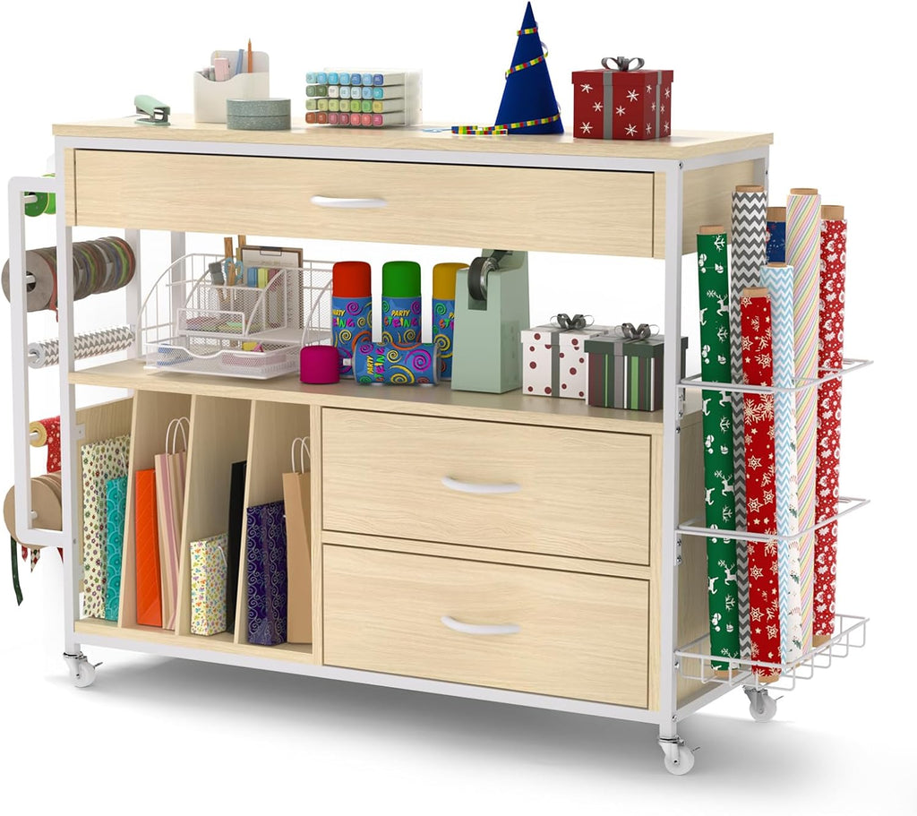 Skiennix Wrapping Paper Organizer - Craft Cart with Ribbon & Gift Bag Storage | Oak Finish, 3 Drawers