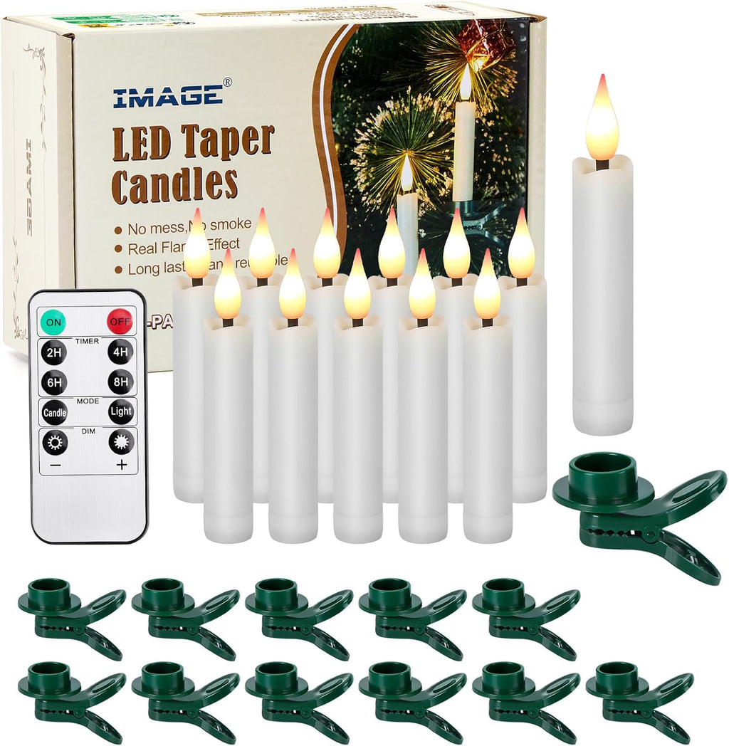 Skiennix 12-Pcs LED Taper Candles Set - Flameless 3D Wick Ivory Design with Remote Timer | Warm White Light