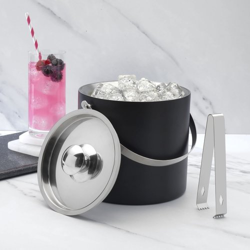 Houdini Matte Black Ice Bucket with Tongs - Double Wall Insulated, 3 Quart Stainless Steel Bar Accessory with 6.5 Inch Tongs for Home Bar, Entertaining