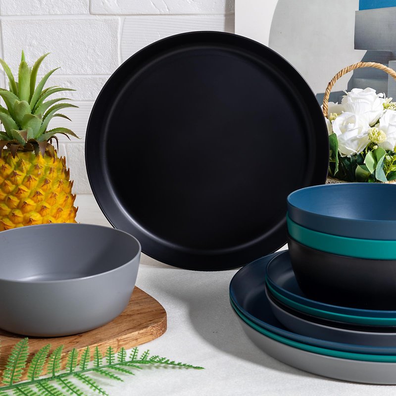 EI 12pcs Wheat Straw Plates,Plastic Plates Reusable,Unbreakable Plastic Plate,Wheat Straw Dinnerware Set,Melamine Plate-Black,Dark Grey,Dark Green,Dark Blue,Dinner, Camping,Picnic