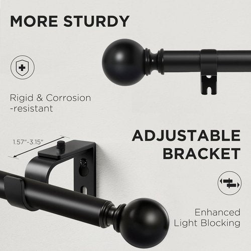 Joydeco Black Curtain Rods - Heavy Duty Adjustable Design for Windows 32-120 Inches | 1 Inch Diameter