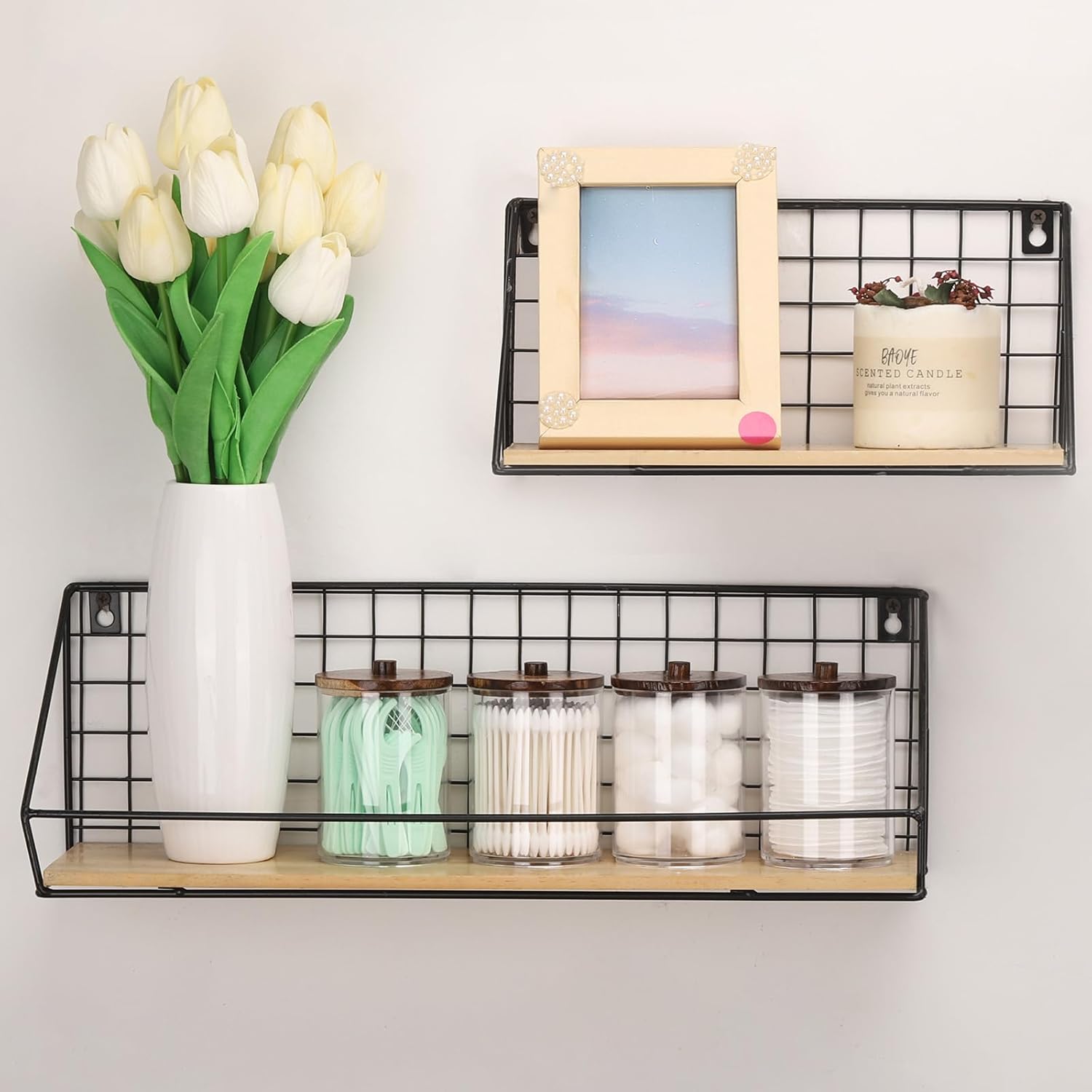 Tbestmax Qtip Holder Bathroom Set - 4 Clear Plastic Organizers with Wood Lids for Cotton Balls & Swabs