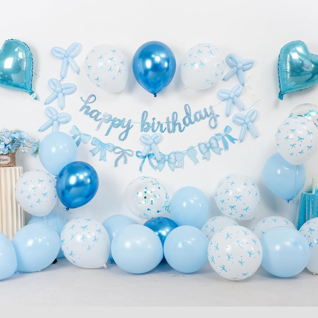 Skiennix Blue Bow Birthday Decorations - Coquette Party Set with Happy Birthday Banner & Heart Foil Balloons