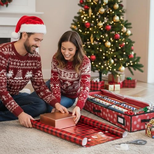 HOLDN' STORAGE Premium Wrapping Paper Storage Container - Durable 600D Tear-Proof Design | Fits 27 Rolls, Extra Pockets for Ribbons & Bows, Red/White Snowflakes