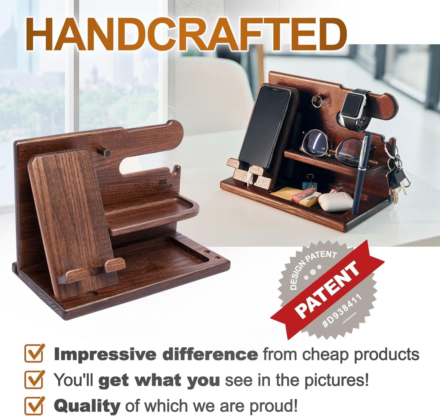 TESLYAR Wood Phone Docking Station - Stylish Desk Organizer for Men | Key Holder & Essentials (Bourbon Brown)