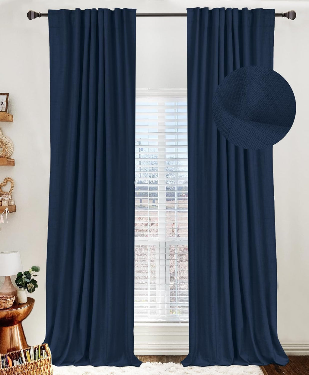 Skiennix 100% Blackout Linen Curtains - Thermal Insulated Drapes, 2 Panels Set, 50" W x 96" L, Midnight Blue
