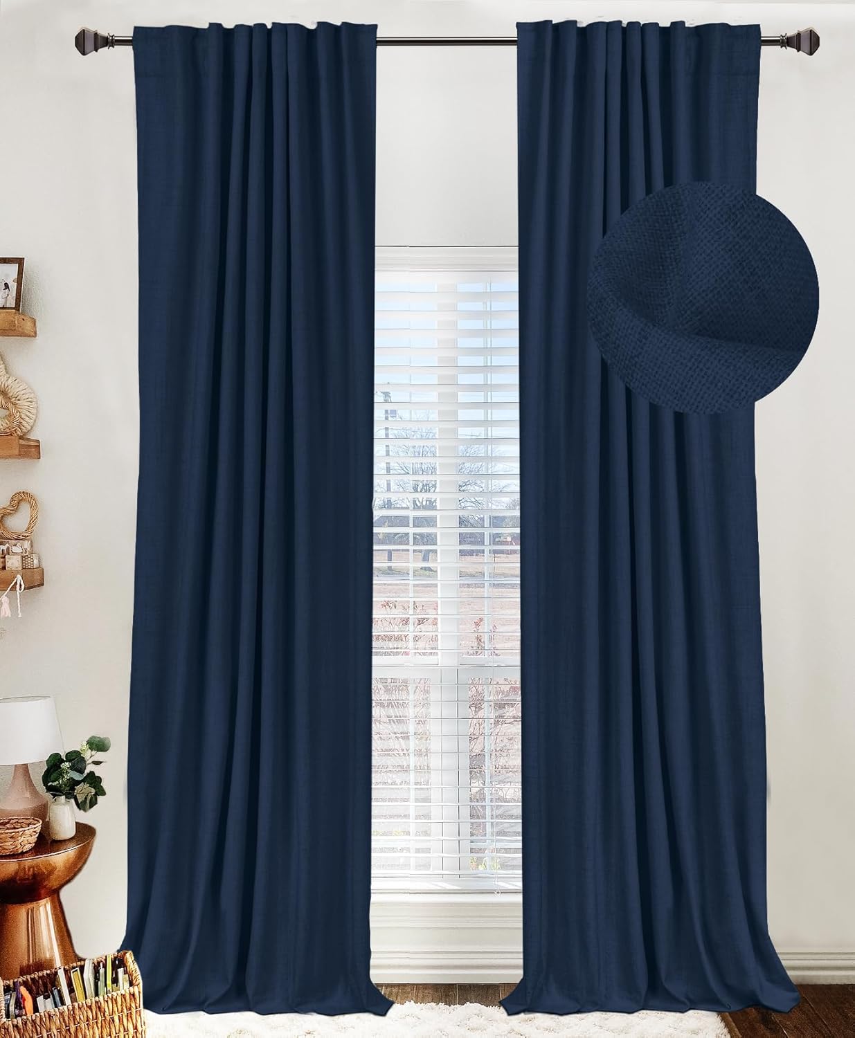 Skiennix 100% Blackout Linen Curtains - Thermal Insulated Drapes, 2 Panels Set, 50" W x 96" L, Midnight Blue