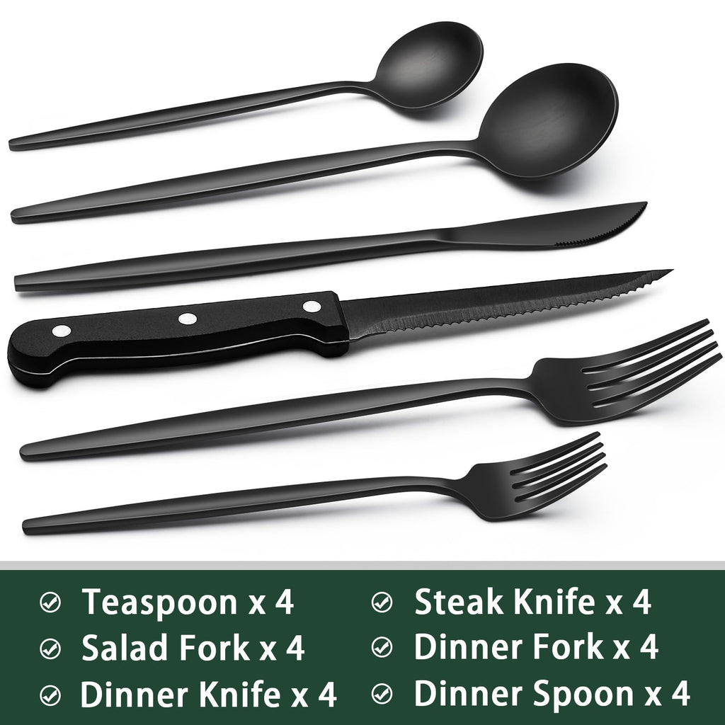 EWFEN 24-Piece Black Silverware Set with Steak Knives, Black Flatware Set for 4, Food-Grade Stainless Steel Tableware Cutlery Set, Mirror Finished Utensil Sets for Home Restaurant, Long Edge